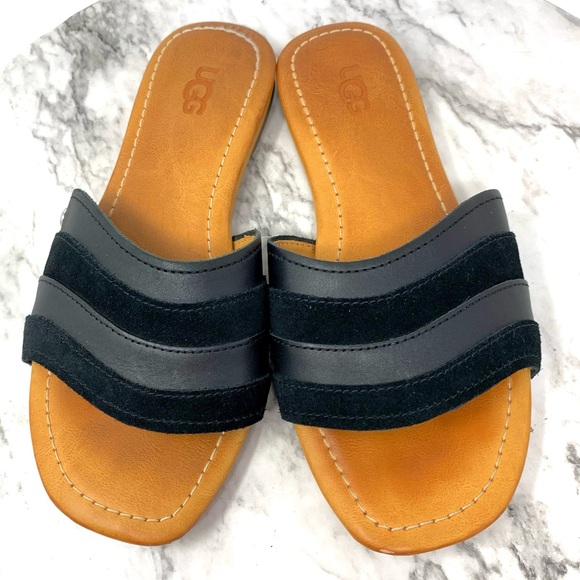 UGG Ximema Black Leather Open Toe Slide Sandals 5.5 Bohemian Boho Casual Summer - Picture 6 of 15